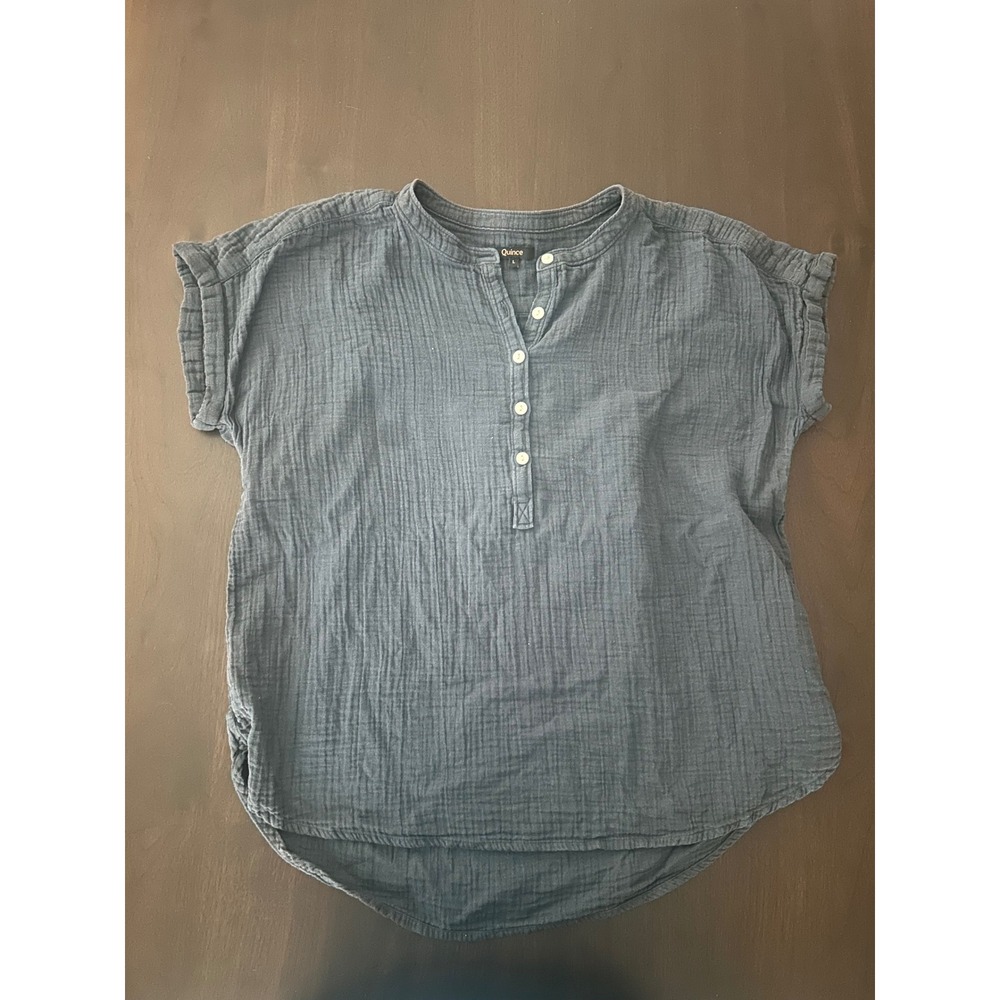 Quince Organic Cotton Gauze Short Sleeve Henley Top Blue Large RK001